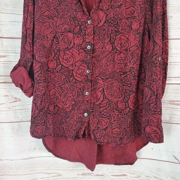 Rock & Republic Rose Print Button Front Blouse Shirt Top High Low Large - Picture 4 of 5